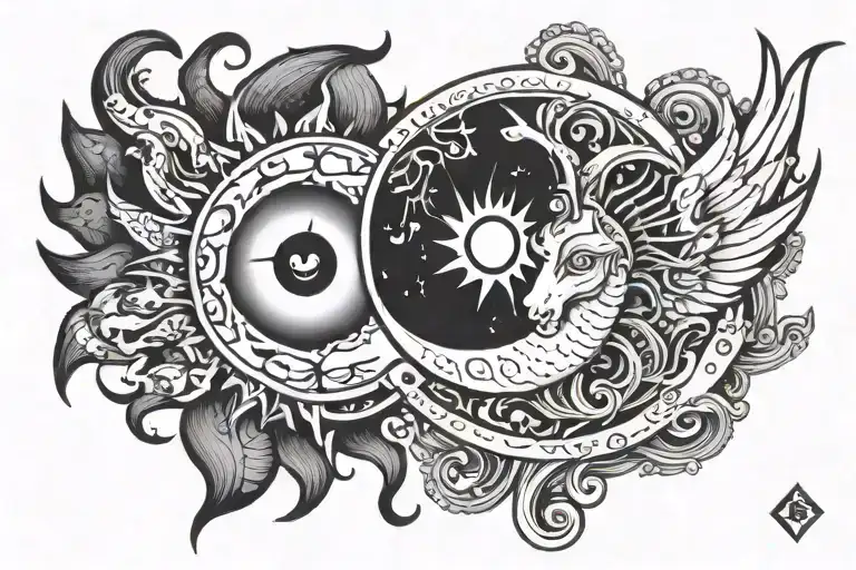 A sun and a crescent moon side by side. Inside of the sun is the zodiac symbol for Scorpio. And inside of the moon is th tattoo design idea