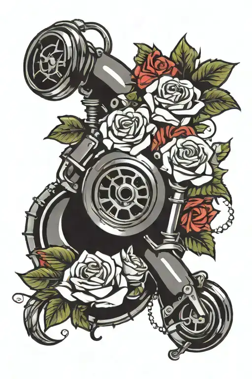 turbo motor and roses tattoo design idea