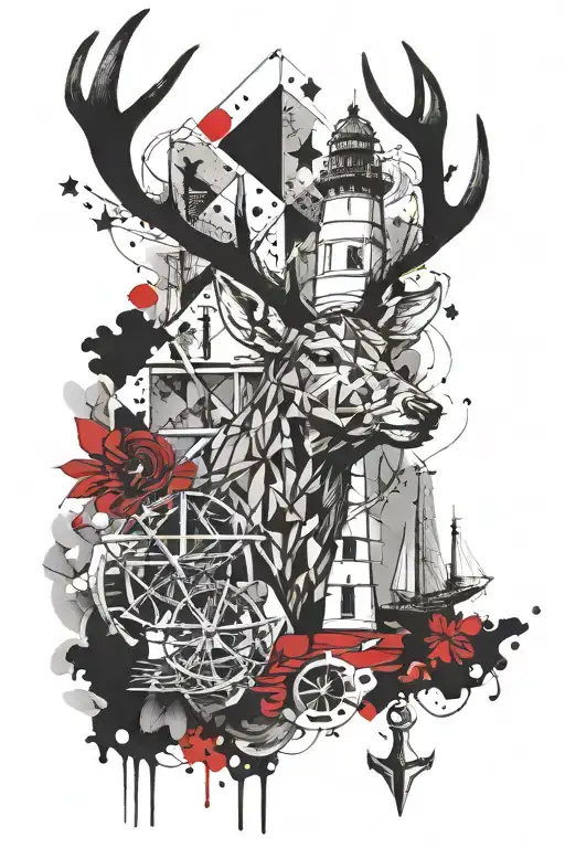 geometric stag head, lighthouse and anchor tattoo design idea