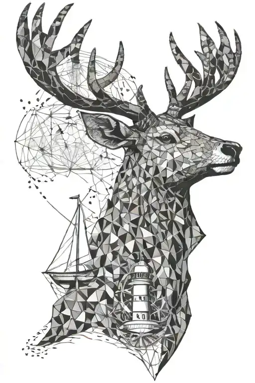 geometric stag head, lighthouse and anchor tattoo design idea