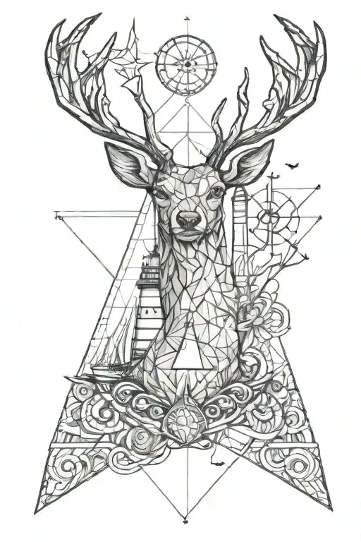 geometric stag head, lighthouse and anchor tattoo design idea