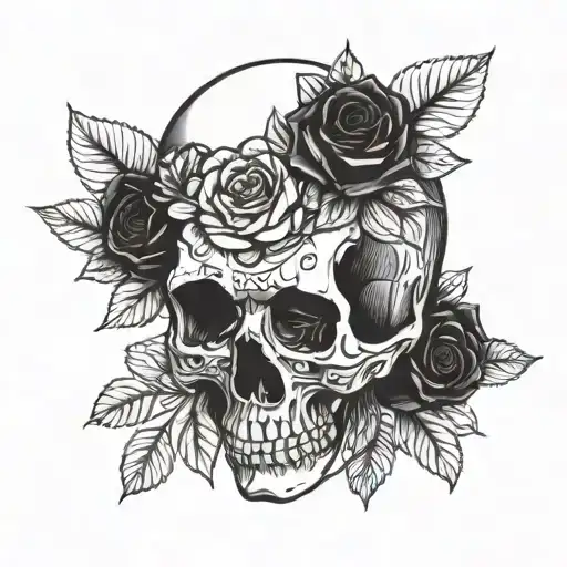 front facing  skull with roses and flowers  tattoo design idea