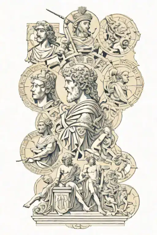 A da Vinci-style collage featuring ancient Greek, mythological or Roman figures tattoo design idea