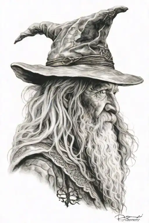 a Profile of the wizard Gandalf from the Lord of the Rings, against the background of the map of Middle Earth. tattoo design idea