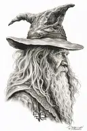 a Profile of the wizard Gandalf from the Lord of the Rings, against the background of the map of Middle Earth. tattoo design idea