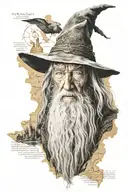 a Profile of the wizard Gandalf from the Lord of the Rings, against the background of the map of Middle Earth. tattoo design idea