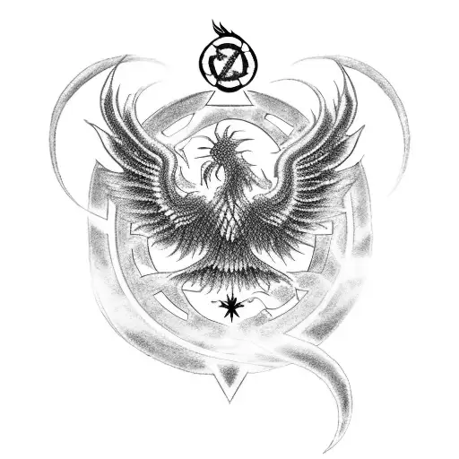 baseline of biohazard symbol, turned into a phoenix, holding two baby phoenix and somwhere having a star of david tattoo design idea