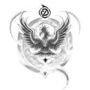 baseline of biohazard symbol, turned into a phoenix, holding two baby phoenix and somwhere having a star of david tattoo design idea