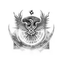 baseline of biohazard symbol, turned into a phoenix, holding two baby phoenix and somwhere having a star of david tattoo design idea