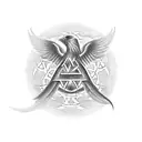 baseline of biohazard symbol, turned into a phoenix, holding two baby phoenix and somwhere having a star of david tattoo design idea