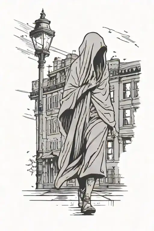 a female ghost walking through a city at night. street light flickering  in the background and its raining tattoo design idea