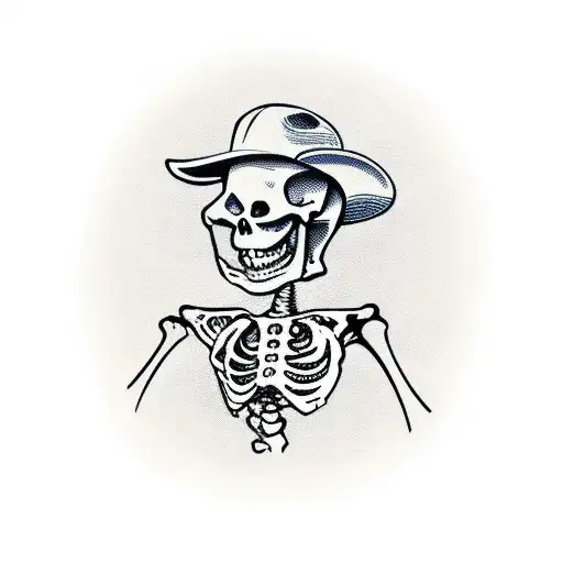 A skeleton riding a road bicycle on a curvy road. The skeleton is wearing a small baseball cap with the brim flipped up. tattoo design idea