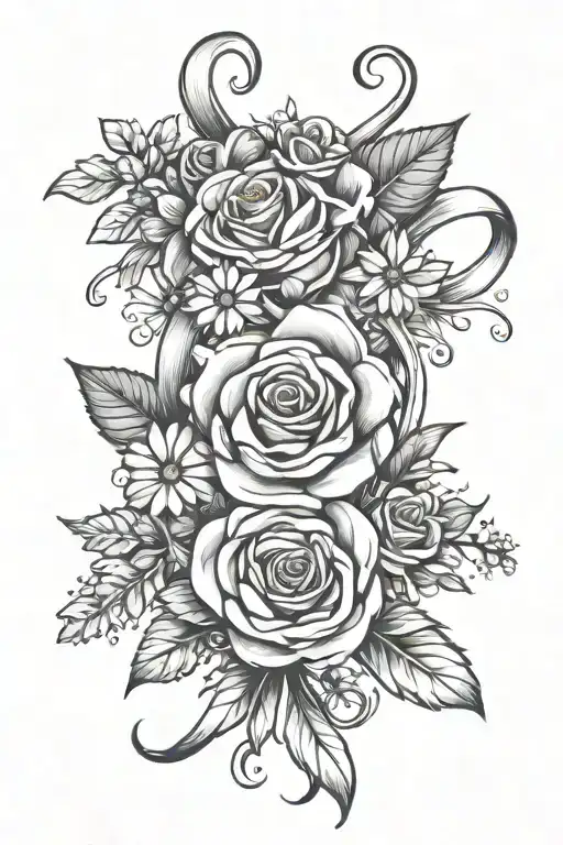 cancer ribbon, roses, daisy bouquet tattoo design idea