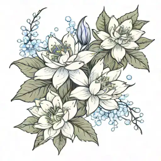 Waterlilies and Larkspur flower tattoo design idea
