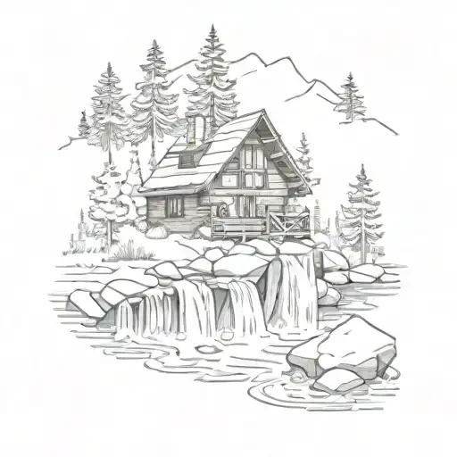 cabin in the mountains with a stream flowing tattoo design idea