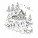 cabin in the mountains with a stream flowing tattoo design idea