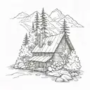 cabin in the mountains with a stream flowing tattoo design idea