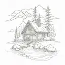 cabin in the mountains with a stream flowing tattoo design idea