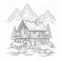 cabin in the mountains with a stream flowing tattoo design idea