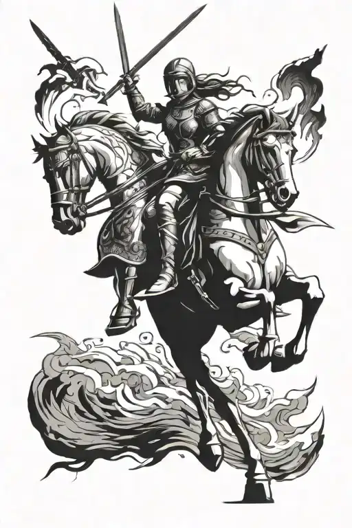 young girl riding an armored horse rushes into battle holding a sword at the ready, heavy armour tattoo design idea