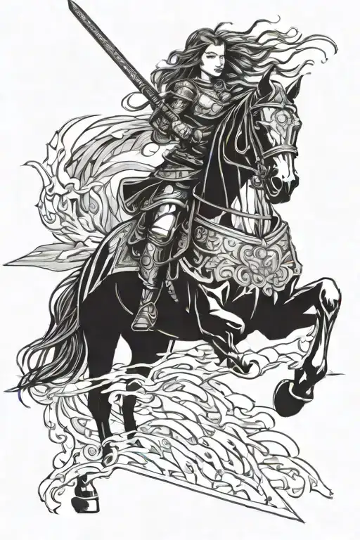 young girl riding an armored horse rushes into battle holding a sword at the ready, heavy armour tattoo design idea