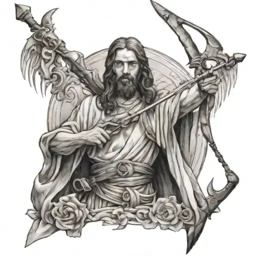 A detailed black and grey tattoo of Jesus holding a bow and arrow, with a Bible in the background tattoo design idea