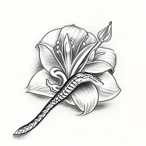 Make a drawing with a snake wrapped around a dagger with lilys surrounding it and it says beautiful things are sometimes tattoo design idea