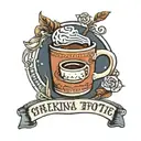 A cozy sweater design with a coffee mug and book peeking out of the pocket, reflecting the client's favorite things of comfy clothes, coffee, and reading tattoo design idea