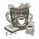 A cozy sweater design with a coffee mug and book peeking out of the pocket, reflecting the client's favorite things of comfy clothes, coffee, and reading tattoo design idea