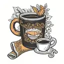 A cozy sweater design with a coffee mug and book peeking out of the pocket, reflecting the client's favorite things of comfy clothes, coffee, and reading tattoo design idea