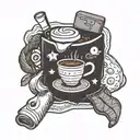 A cozy sweater design with a coffee mug and book peeking out of the pocket, reflecting the client's favorite things of comfy clothes, coffee, and reading tattoo design idea