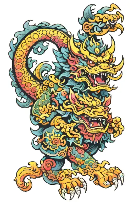japenese style tattoo of a colorful powerful foo dog rising victorious over his enemy tattoo design idea