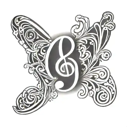 Design a calligraphic letter 'D' tattoo. Vertical line is a treble clef. Style: ornate, flowing curves  tattoo design idea