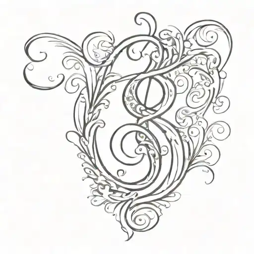 Design a calligraphic letter 'D' tattoo. Vertical line is a treble clef. Style: ornate, flowing curves  tattoo design idea
