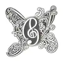 Design a calligraphic letter 'D' tattoo. Vertical line is a treble clef. Style: ornate, flowing curves  tattoo design idea