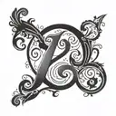 Design a calligraphic letter 'D' tattoo. Vertical line is a treble clef. Style: ornate, flowing curves  tattoo design idea
