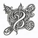 Design a calligraphic letter 'D' tattoo. Vertical line is a treble clef. Style: ornate, flowing curves  tattoo design idea