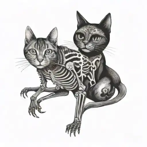 A creative tattoo featuring a playful interaction between an angel black cat and a happy human skeleton tattoo design idea