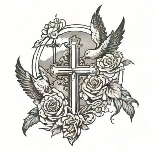 doves, roses, clouds, sunlight, and 3 crosses on right arm up to neck black and white tattoo tattoo design idea