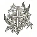 doves, roses, clouds, sunlight, and 3 crosses on right arm up to neck black and white tattoo tattoo design idea
