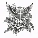 doves, roses, clouds, sunlight, and 3 crosses on right arm up to neck black and white tattoo tattoo design idea