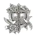 doves, roses, clouds, sunlight, and 3 crosses on right arm up to neck black and white tattoo tattoo design idea