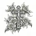 doves, roses, clouds, sunlight, and 3 crosses on right arm up to neck black and white tattoo tattoo design idea