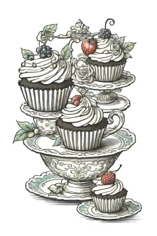cupcakes and other desserts with tea service tattoo design idea