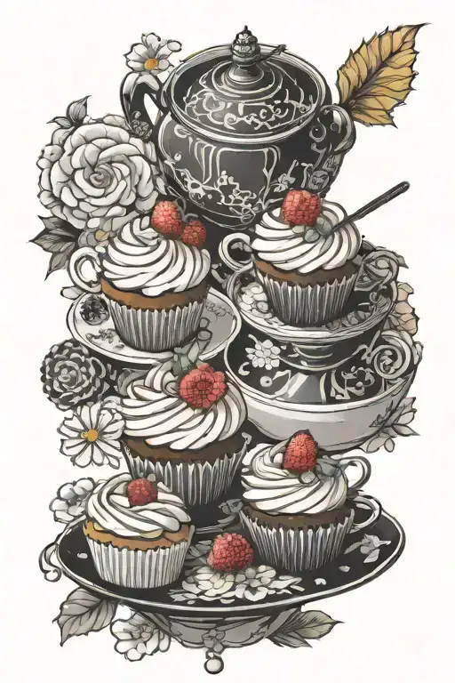 cupcakes and other desserts with tea service superhero tattoo design idea
