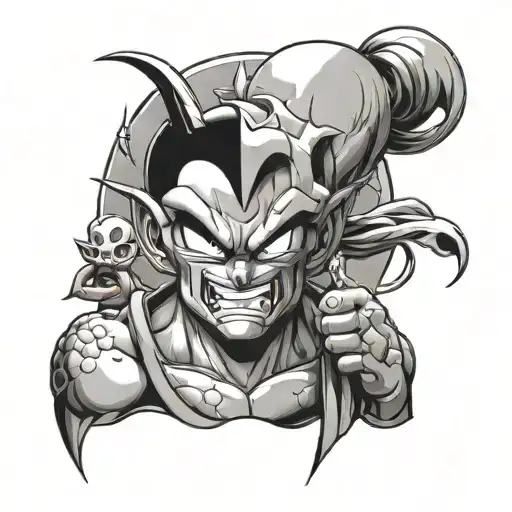 An anime mashup tattoo with Kid Buu and other iconic characters tattoo design idea