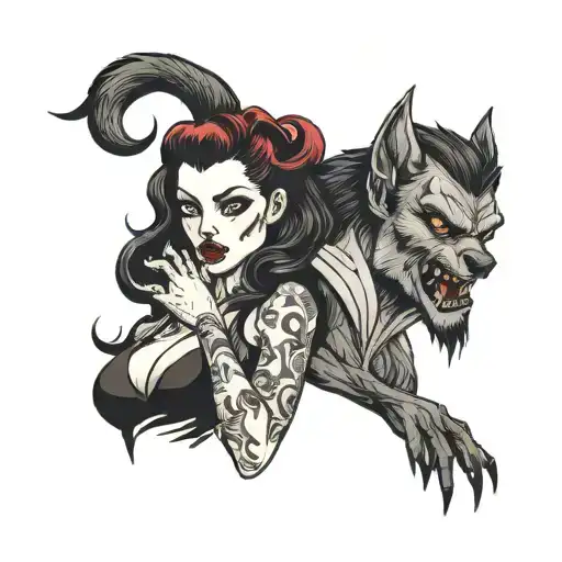 woman vampire with man werewolf  tattoo design idea