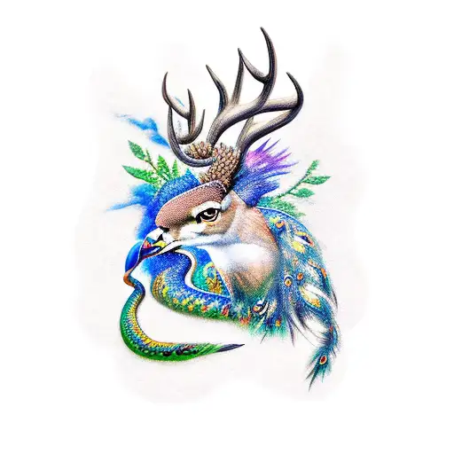 Leg Sleeve with White tailed deer, Peacock, and Eagle carrying a snake tattoo design idea