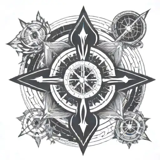 a large black Catholic cross superimposed in the center of a compass rose tattoo design idea
