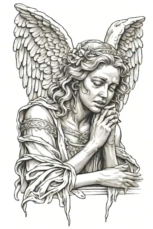 Female Angel statue crying tattoo design idea